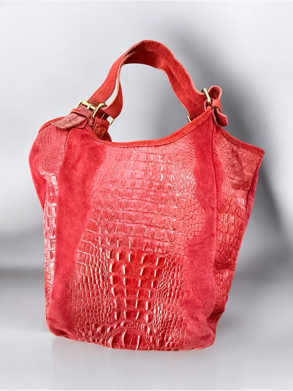 Red Croc-Embossed Genuine Italian Suede Hobo Bag - Picture 2 of 8